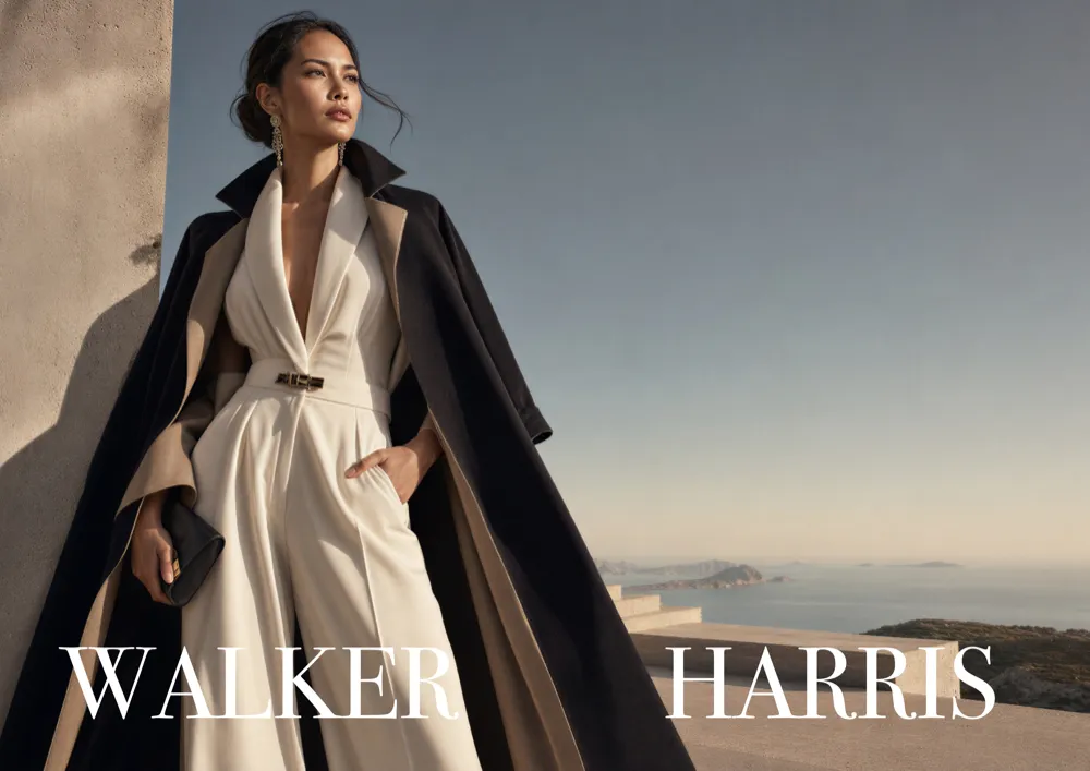 Campagna moda sulla costa mediterranea, completo bianco e cappotto blu notte