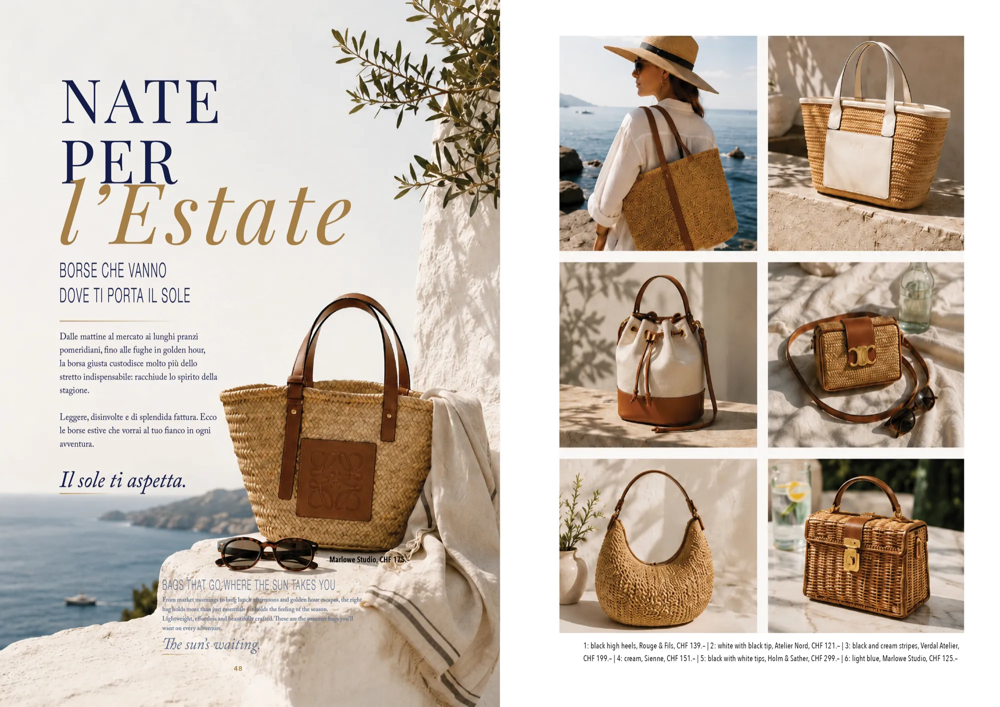Advertorial «Nate per l'estate»: borse in paglia fotografate sulla costa