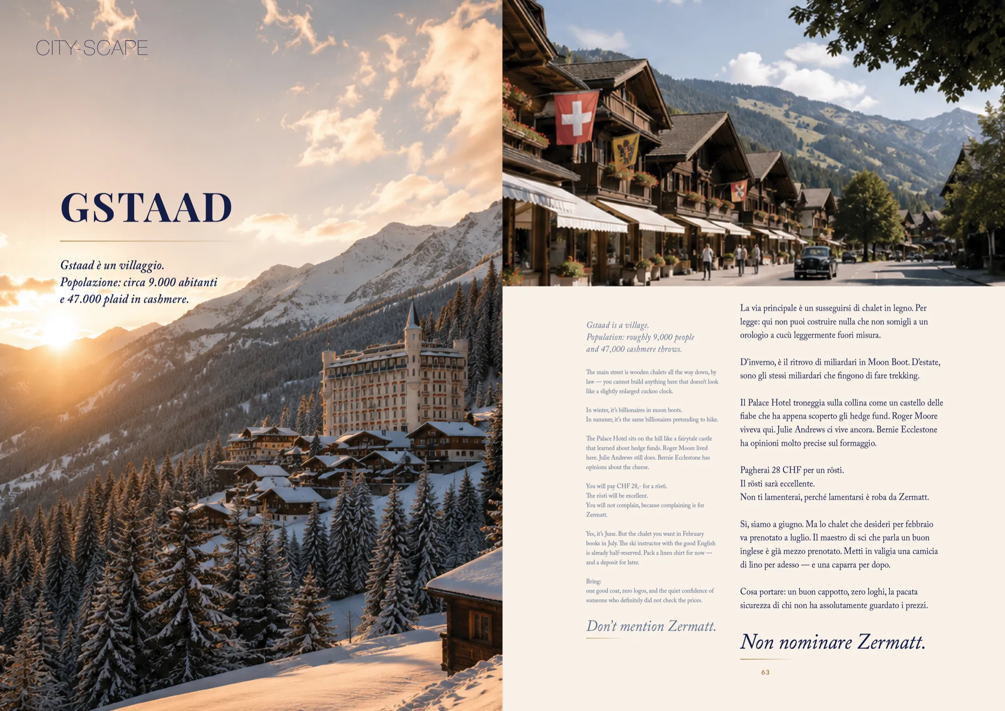 Reportage City-Scape su Gstaad: chalet e montagne al tramonto