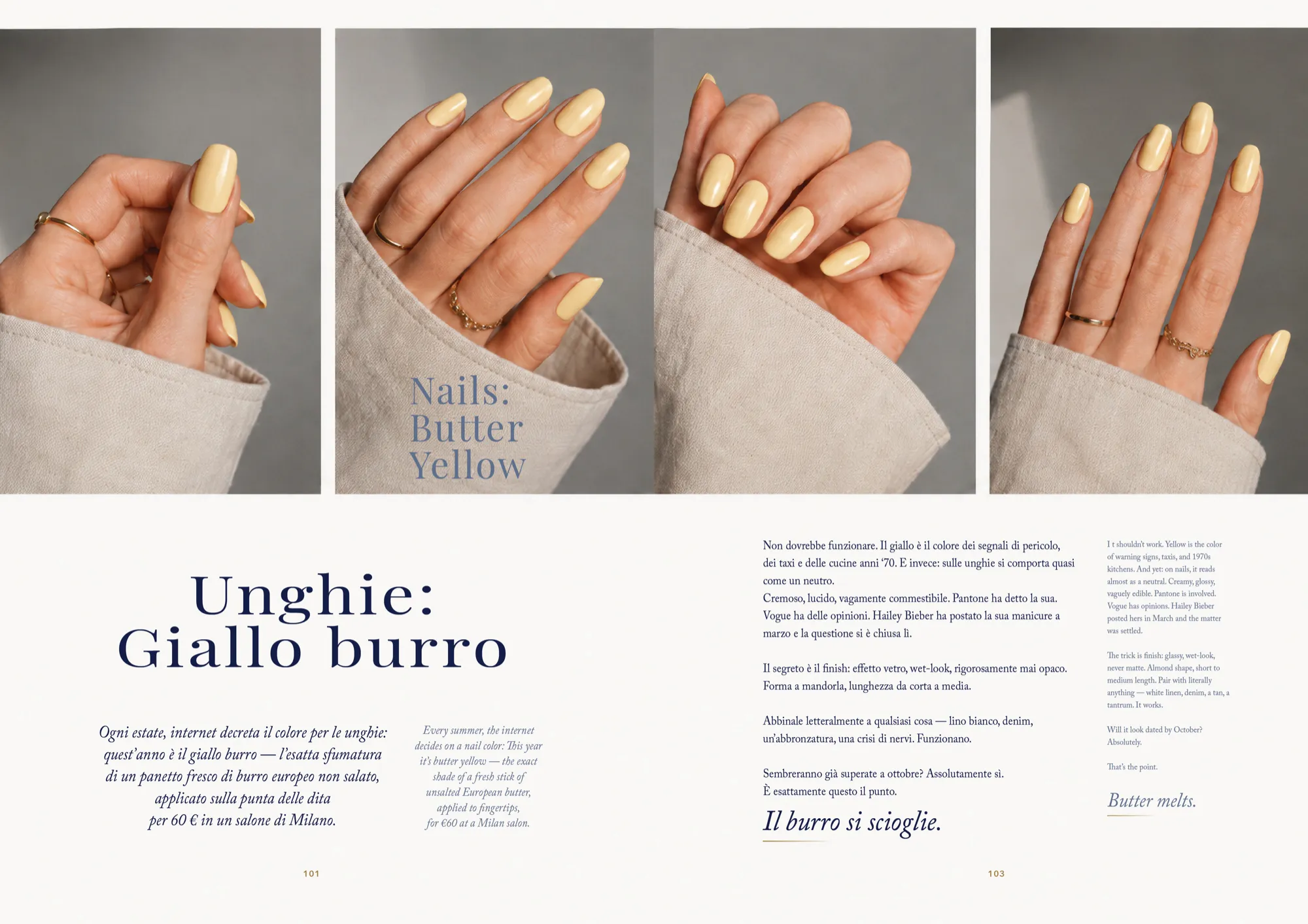 Pagina beauty «Unghie: giallo burro» con manicure giallo pastello