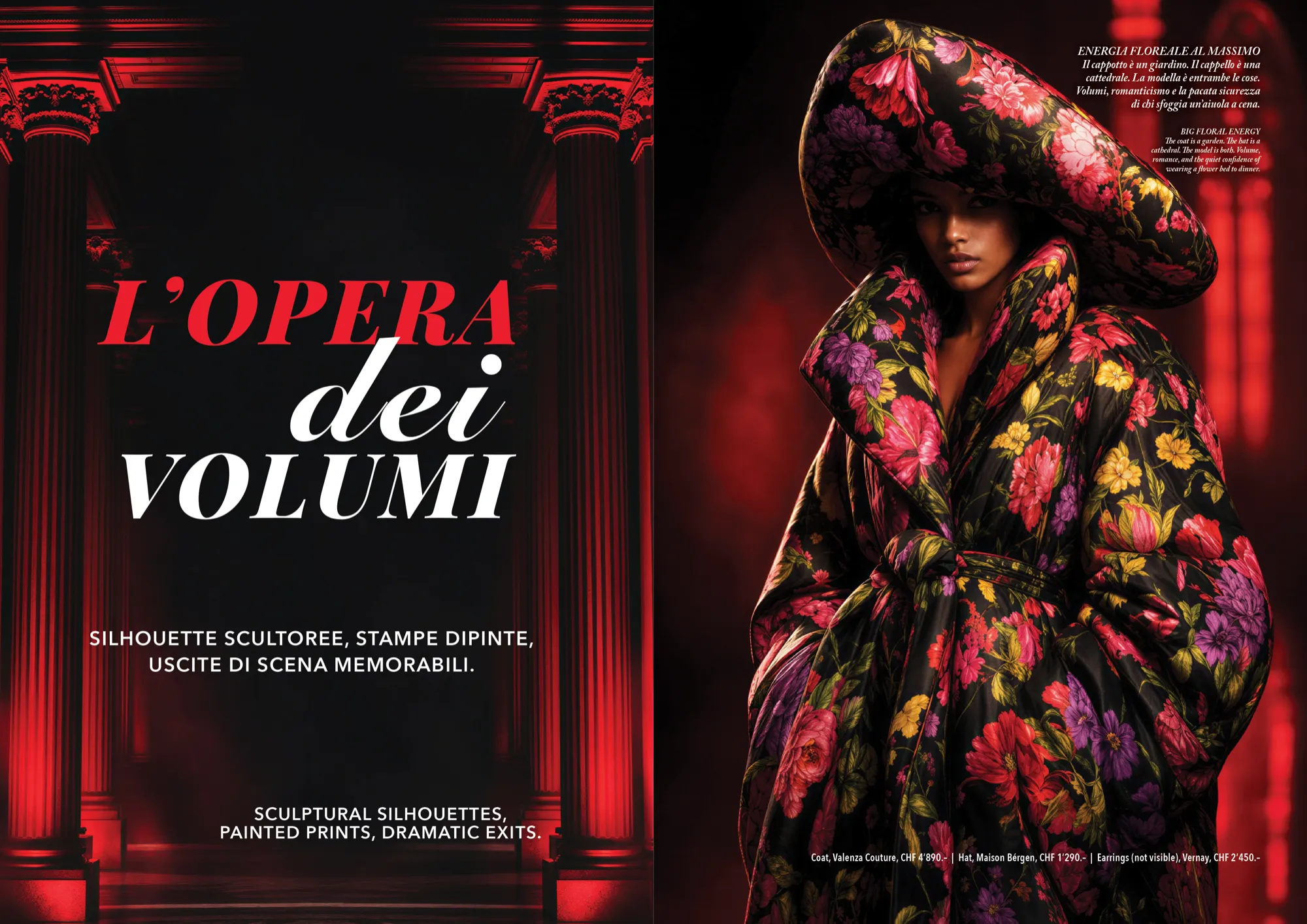 Photo essay «L'opera dei volumi»: cappotto floreale scultoreo su fondo rosso teatrale