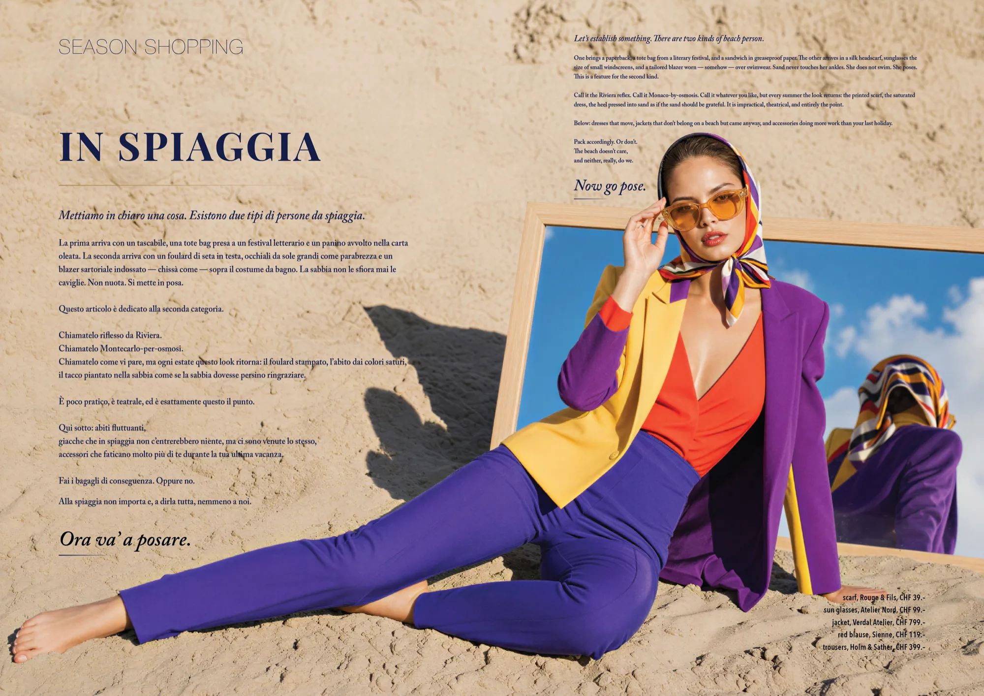 Photo essay in spiaggia: tailleur viola e foulard di seta sulla sabbia