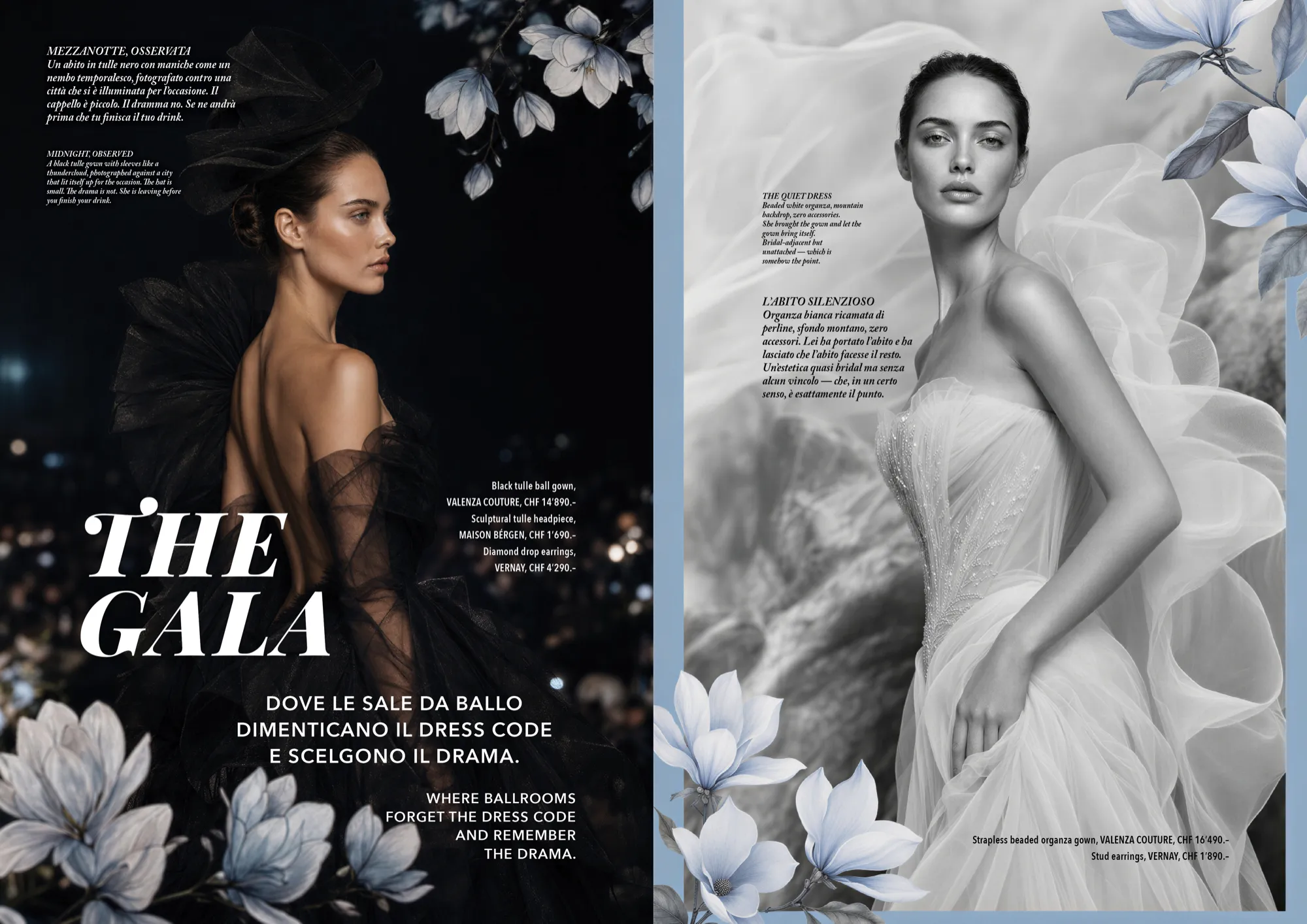 Photo essay The Gala: abiti da sera drammatici tra magnolie notturne